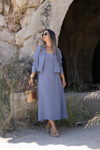 Gri Gömlekli Askılı Elbise