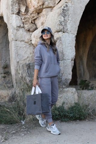 Gri Lastikli Kapüşonlu Eşofman Takımı