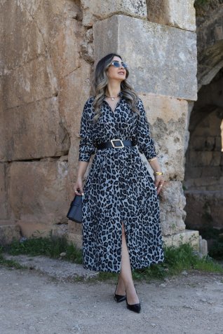 Gri Leopar Desenli Kemerli Elbise