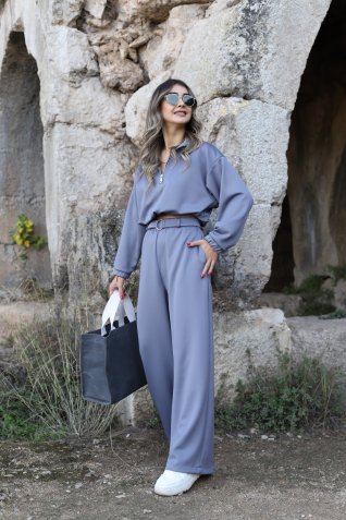  Gri Orjin Beli Kemerli Palazzo Takım