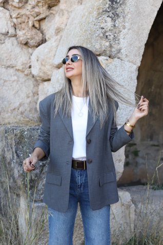 Gri Oversize Poliviskon Blazer Ceket