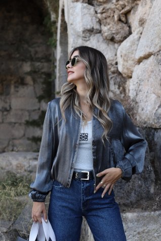 Gri Parlak Taşlı Kumaş Bomber Ceket