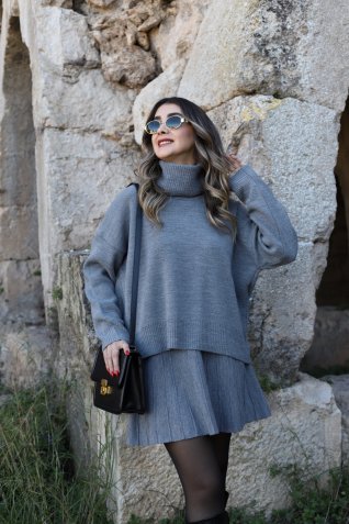 Gri Standart Beden Balıkçı Yaka Fitilli Etekli Takım