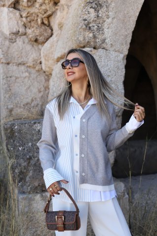 Gri Standart Beden Çizgili Gömlek Detaylı Hırka