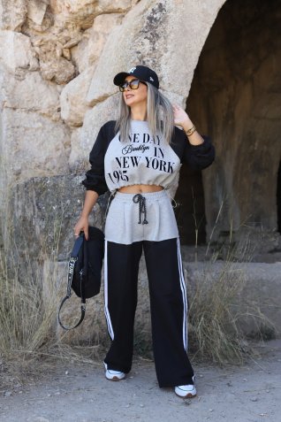 Gri Yazılı Paraşüt Kumaş Sweat Pantolon Takım