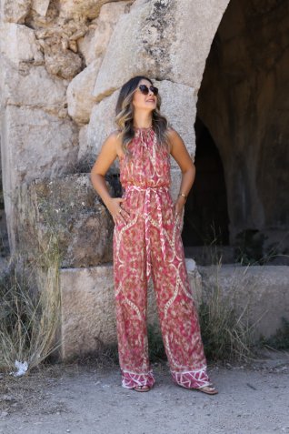 Gül Kurusu Çiçek Desen Halter Yaka Tulum