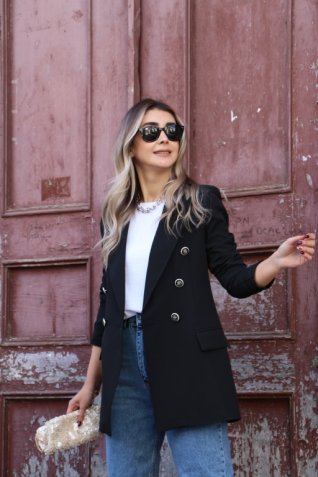 Gümüş Düğme Detay Siyah Blazer Ceket