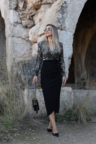 Gümüş Payetli Kruvaze Elbise