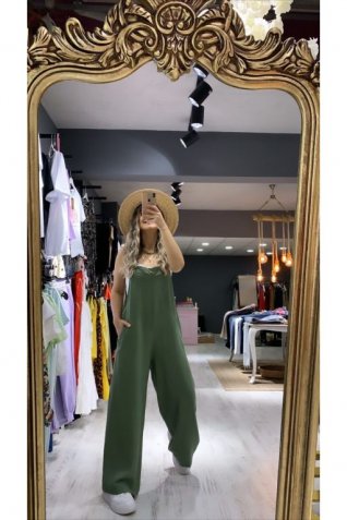 Haki Askılı Keten Tulum