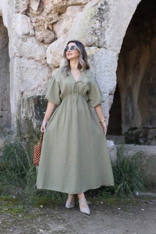 Haki Balon Kol Müslin Elbise