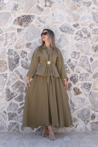 Haki Güneş Tokalı Etekli Takım