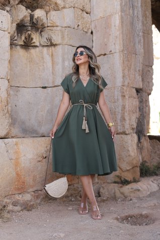 Haki Hasır İpli Midi Elbise