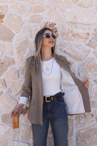 Haki Keten Çizgili Astarlı Blazer