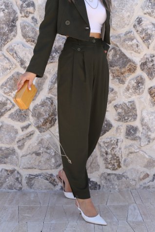 Haki Keten Paça Bel Düğme Detay Pantolon