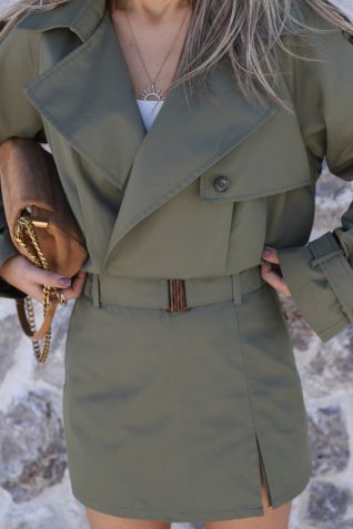 Haki Lastikli Kendinden Kemerli Şort Etek