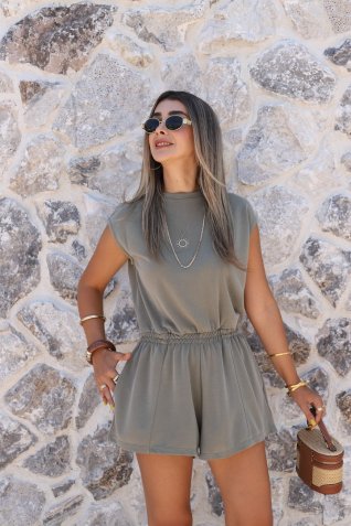 Haki Modal Lastikli Sırt Dekolteli Tulum