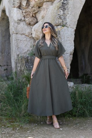 Haki Ön Arka Kruvaze Kuşaklı Gofre Elbise