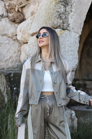 Haki Saten Premium Şerit Detaylı Ceket