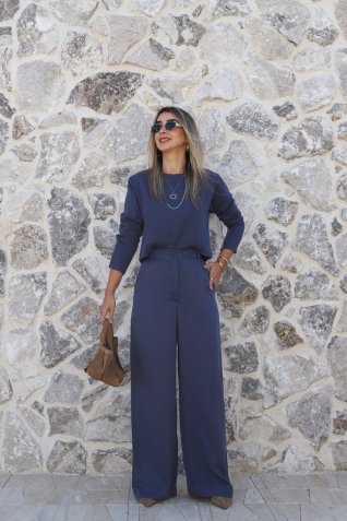 İndigo Arkadan Fermuarlı Bluz Pantolon Takım