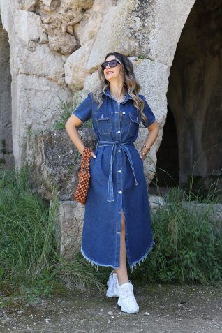İndigo Kısa Kollu Kemerli Cepli Jean Elbise