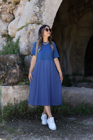 İndigo Süprem Sifon Piliseli Elbise
