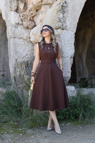 Kahve Aller Detay Kemerli Elbise