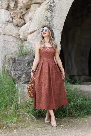 Kahve Askılı Pileli Fisto Midi Elbise