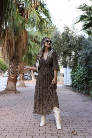 Kahve Astarlı Leopar Detaylı Elbise
