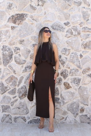 Kahve Balon Halter Elbise