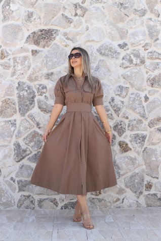 Kahve Balon Kol Gömlek Elbise
