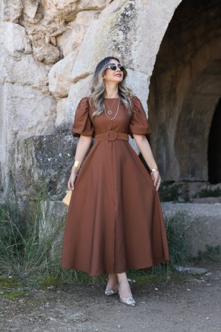 Kahve Balon Kol Kalın Kemerli Elbise