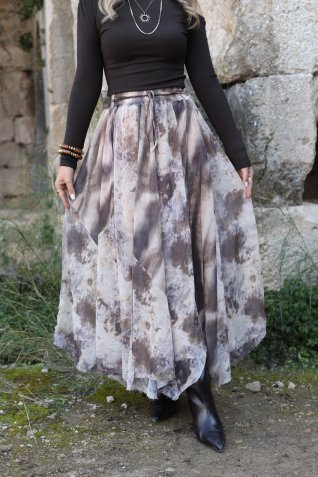 Kahve Batik Desen Şifon Etek