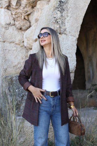 Kahve Bordo Ekose Blazer Ceket