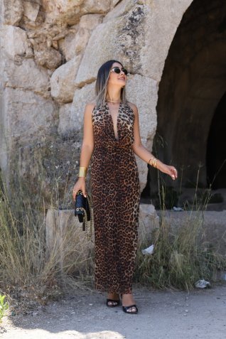 Kahve Boyundan Geçirmeli Leopar Desen Tül Elbise