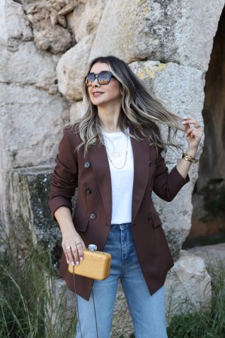 Kahve Cep Detaylı Düğmeli Blazer