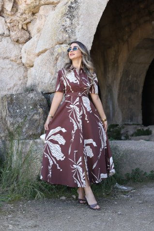 Kahve Çiçek Desen Polo Yaka Gömlek Elbise