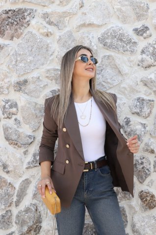 Kahve Cotton Gold Düğmeli Blazer