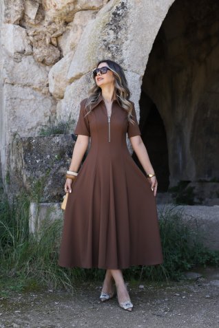 Kahve Cotton Yarım Fermuar Detay Çan Elbise