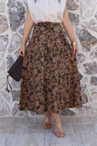 Kahve Desenli Cepli Gabardin Kloş Etek