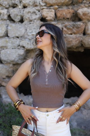 Kahve Düğmeli Yıkama Efektli Crop