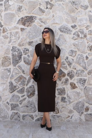 Kahve Düz Kesim İnce Kemerli Elbise