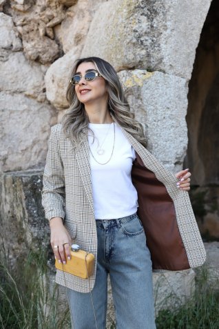 Kahve Ekose Desen Kol Büzgü Blazer