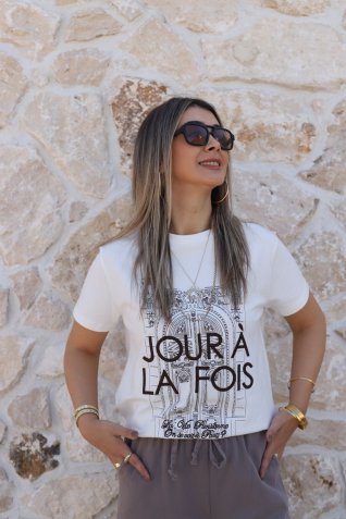Kahve-Ekru Baskı ve Nakış Detaylı Tshirt