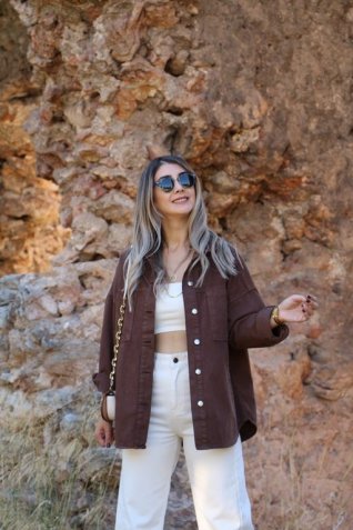 Kahve Eskitme Yıkamalı Gömlek Ceket
