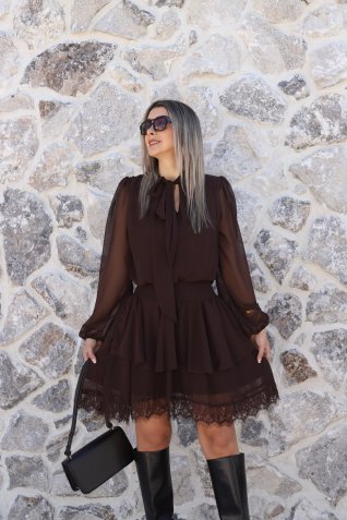 Kahve Etek Ucu Dantelli Şifon Elbise