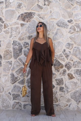 Kahve Fırfır Detay Bluz Pantolon Takım
