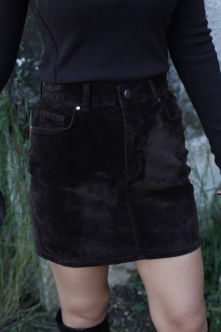 Kahve Flok Kaplama Likralı Mini Etek