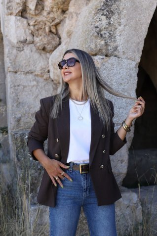 Kahve Gold Düğmeli Premium Kruvaze Blazer