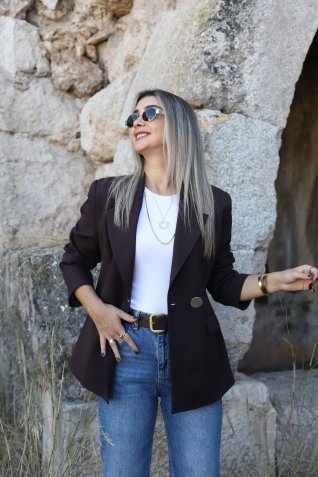 Kahve Gold Tek Düğmeli Blazer Ceket