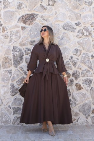 Kahve Güneş Tokalı Etekli Takım